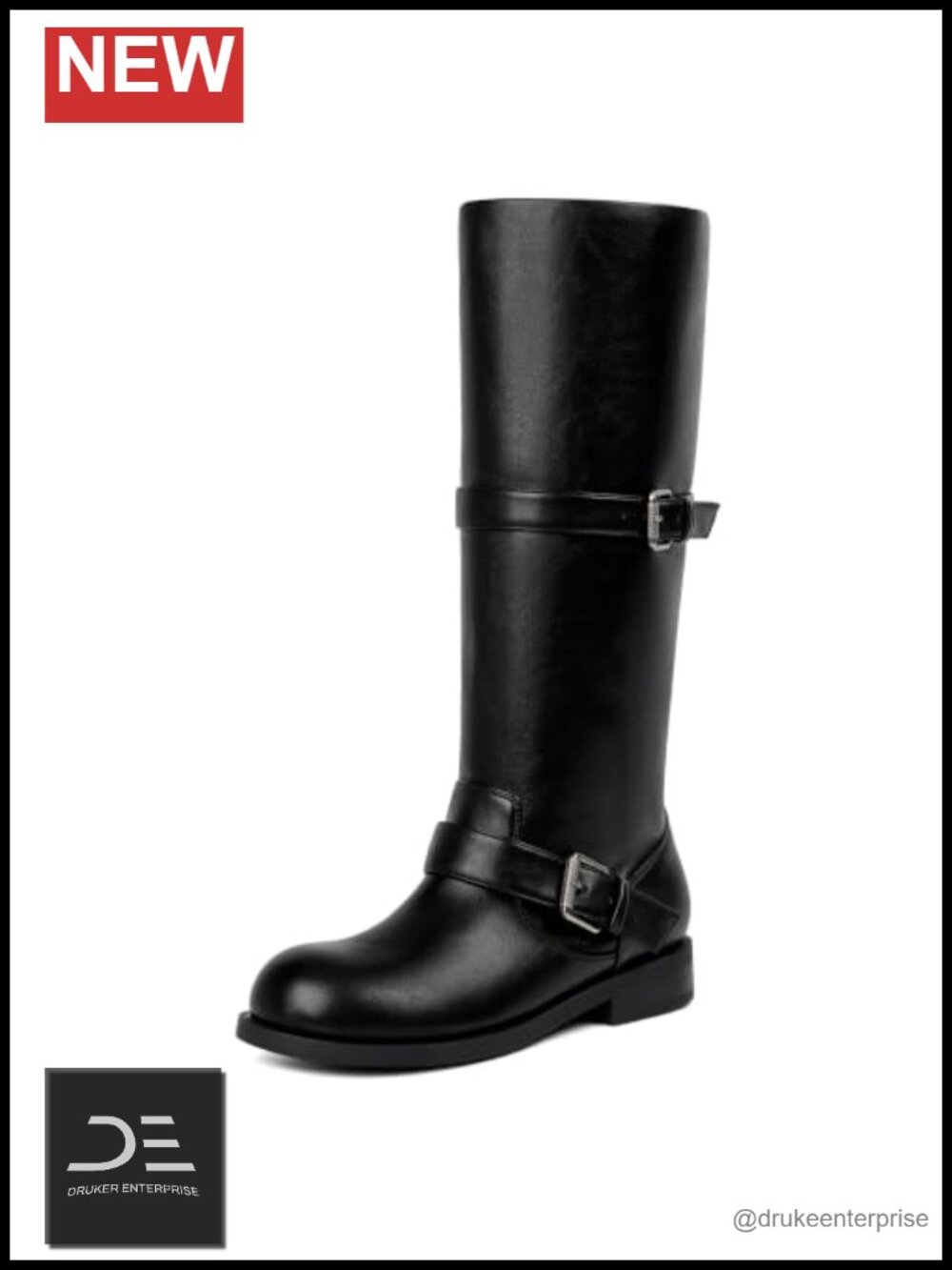 Vintage Faux Leather Double Buckle Knee High Riding Boots Women